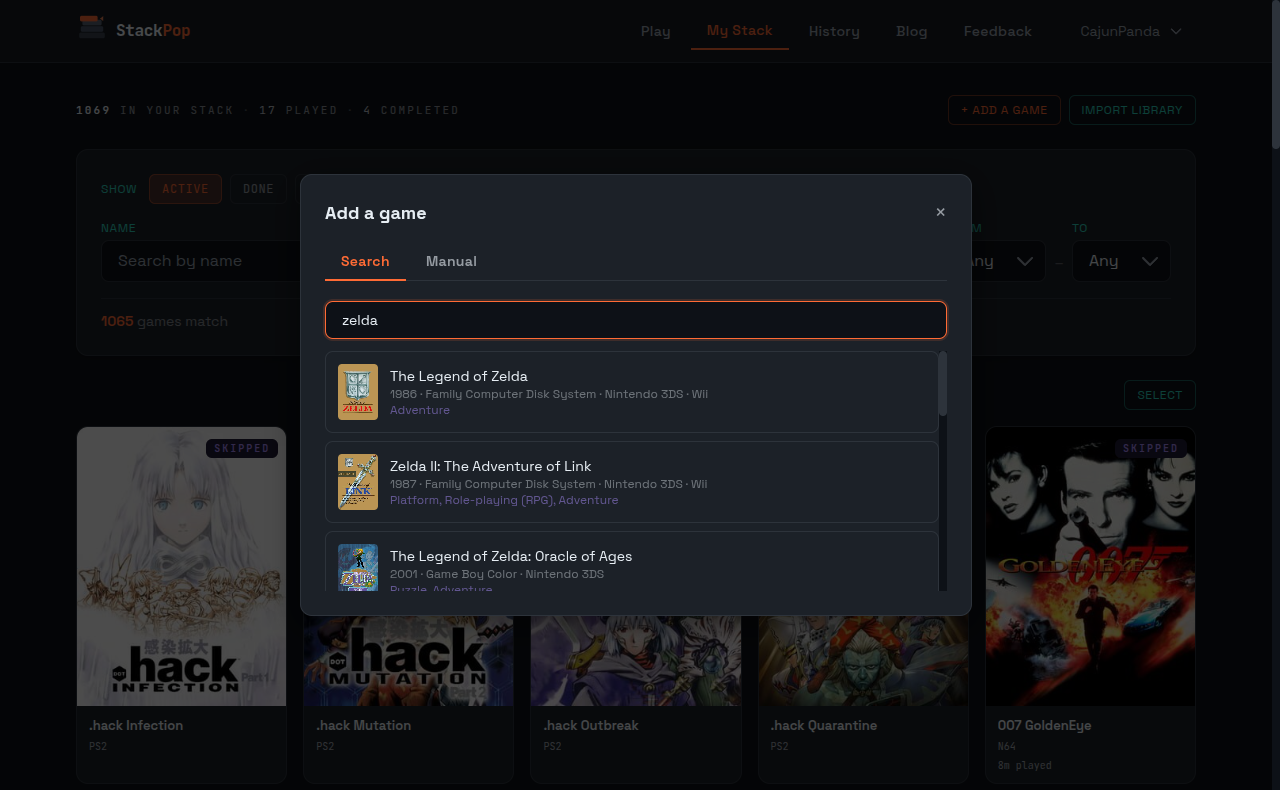 Add games to your backlog by searching IGDB with cover art and platform selection