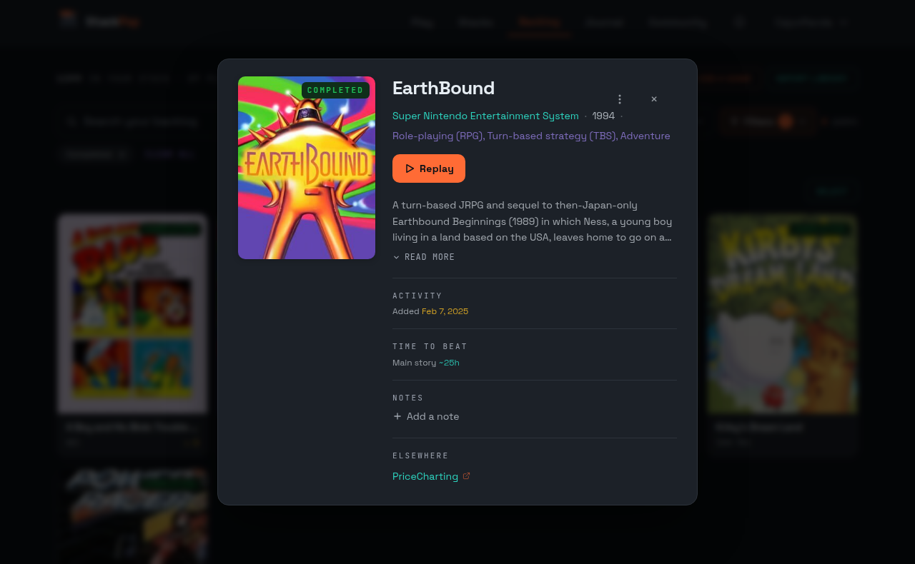 A game opening as a panel over the StackPop backlog, with the library dimmed behind it