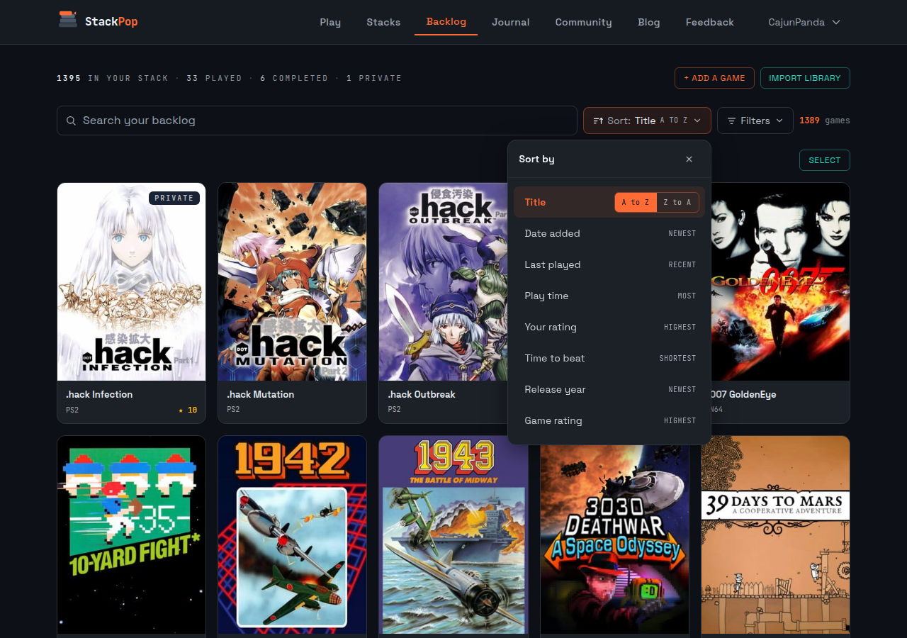 Sorting options on the StackPop backlog page
