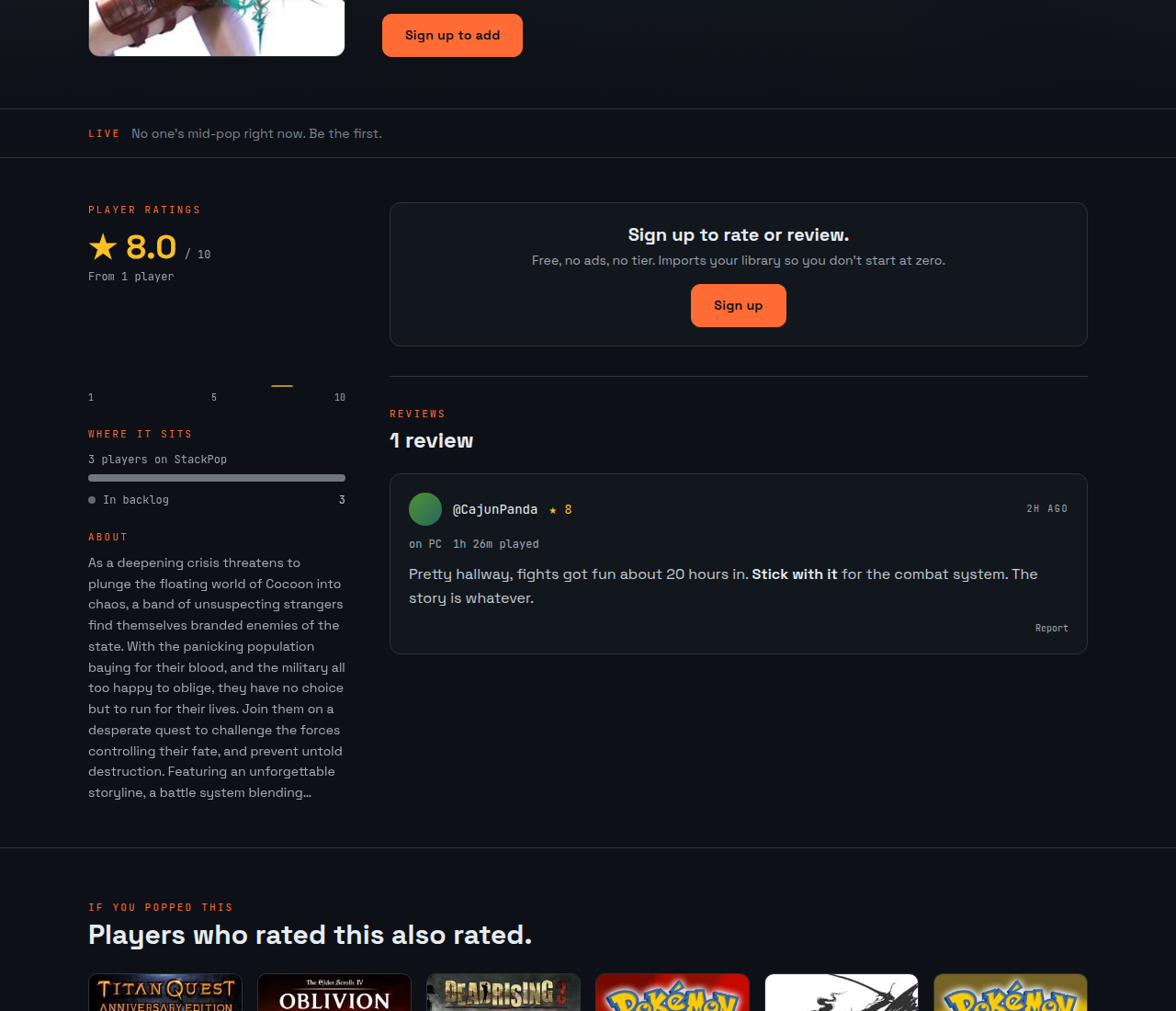 A review card on the Final Fantasy XIII community page, showing the platform played on, hours logged, and the body of the review.