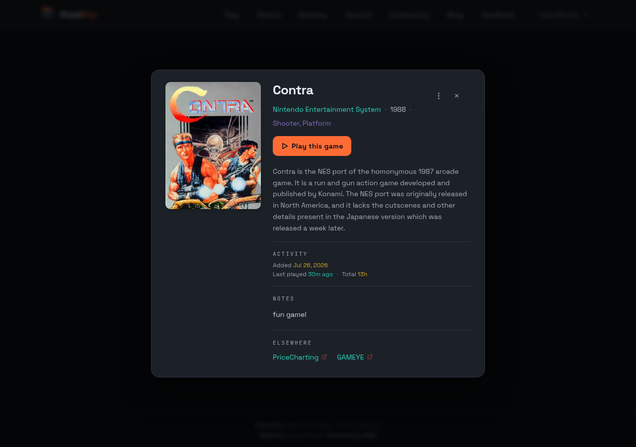 An imported NES Contra in StackPop showing 13 hours of playtime, its note, and links to PriceCharting and GAMEYE