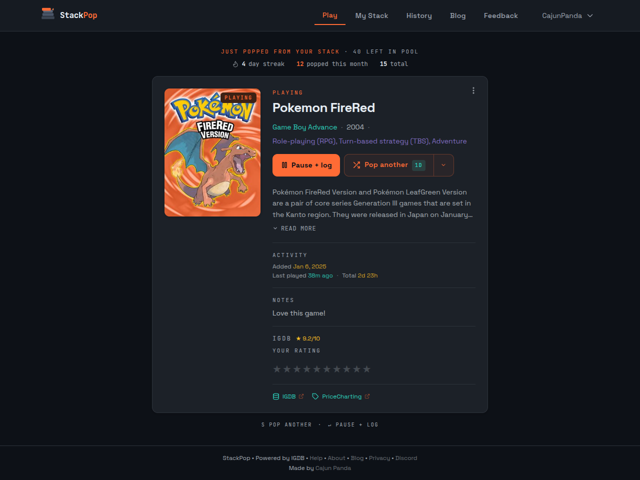StackPop video game backlog manager showing a random game pick - Pokemon FireRed on Game Boy Advance with cover art, genre tags, and rating