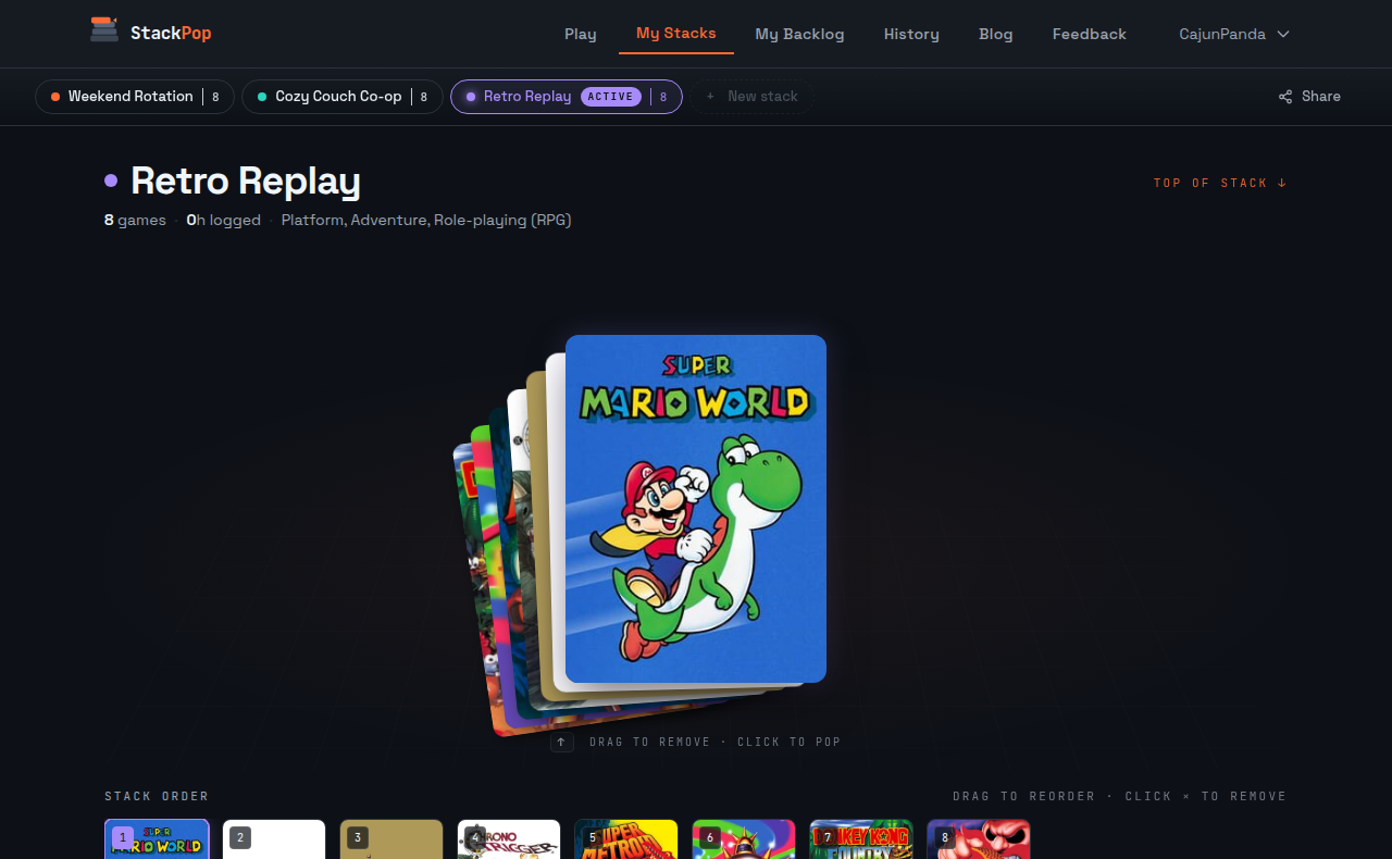 StackPop stacks side by side, each with its own color, settings, and an ordered list of games to play next