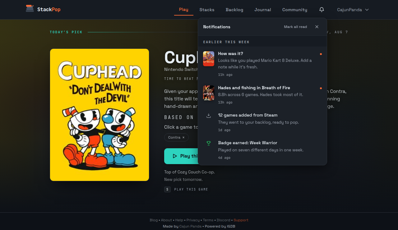 The StackPop notification panel showing a weekly recap, a session note prompt, a Steam import, and a badge