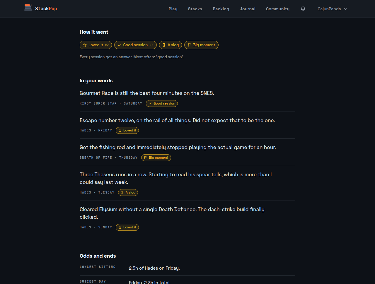 The recap's reactions summary and quoted session notes, each with the day and game attached