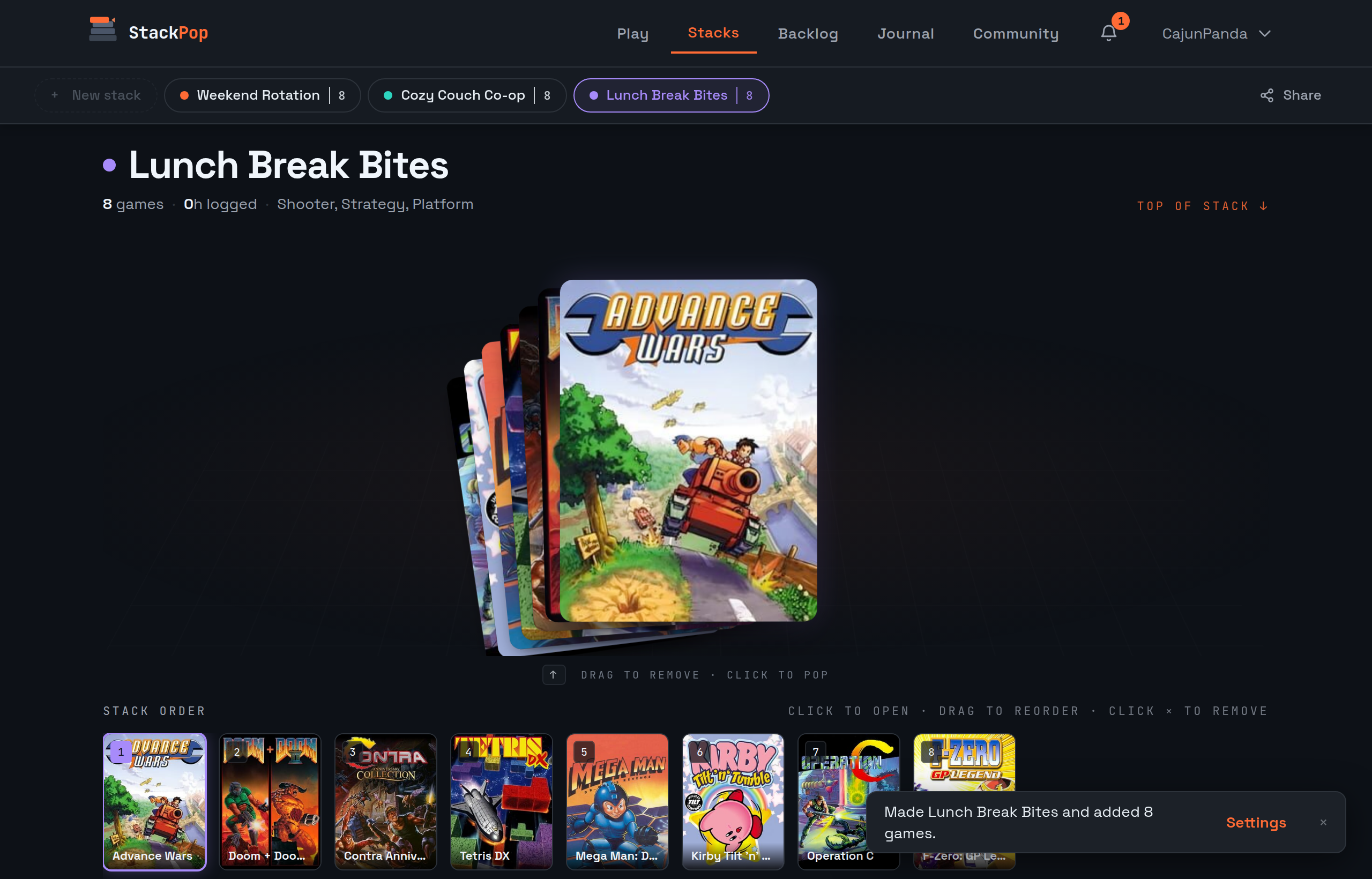A stack called Lunch Break Bites holding eight games including Advance Wars, Contra, Tetris DX and Kirby Tilt n Tumble