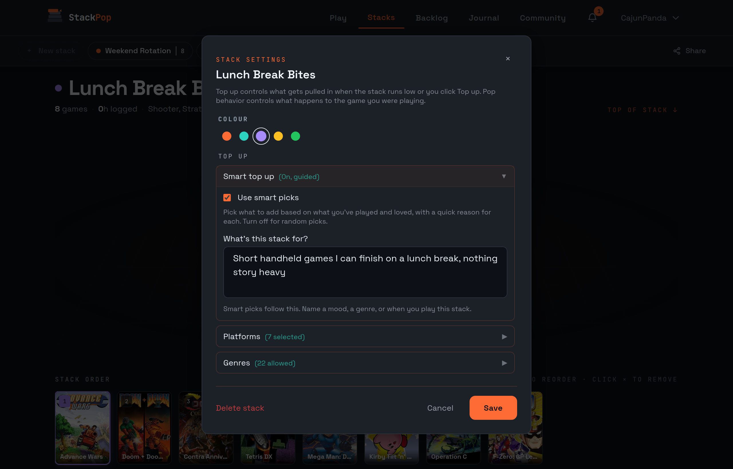 The stack's settings, showing the original sentence kept under What's this stack for, seven platforms selected and genres allowed