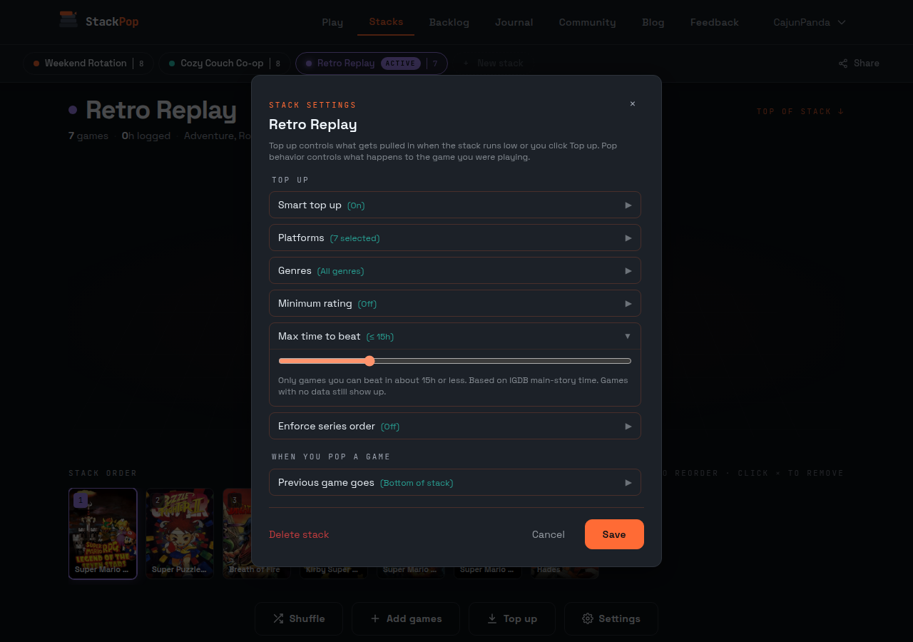 The Max time to beat stack rule on StackPop