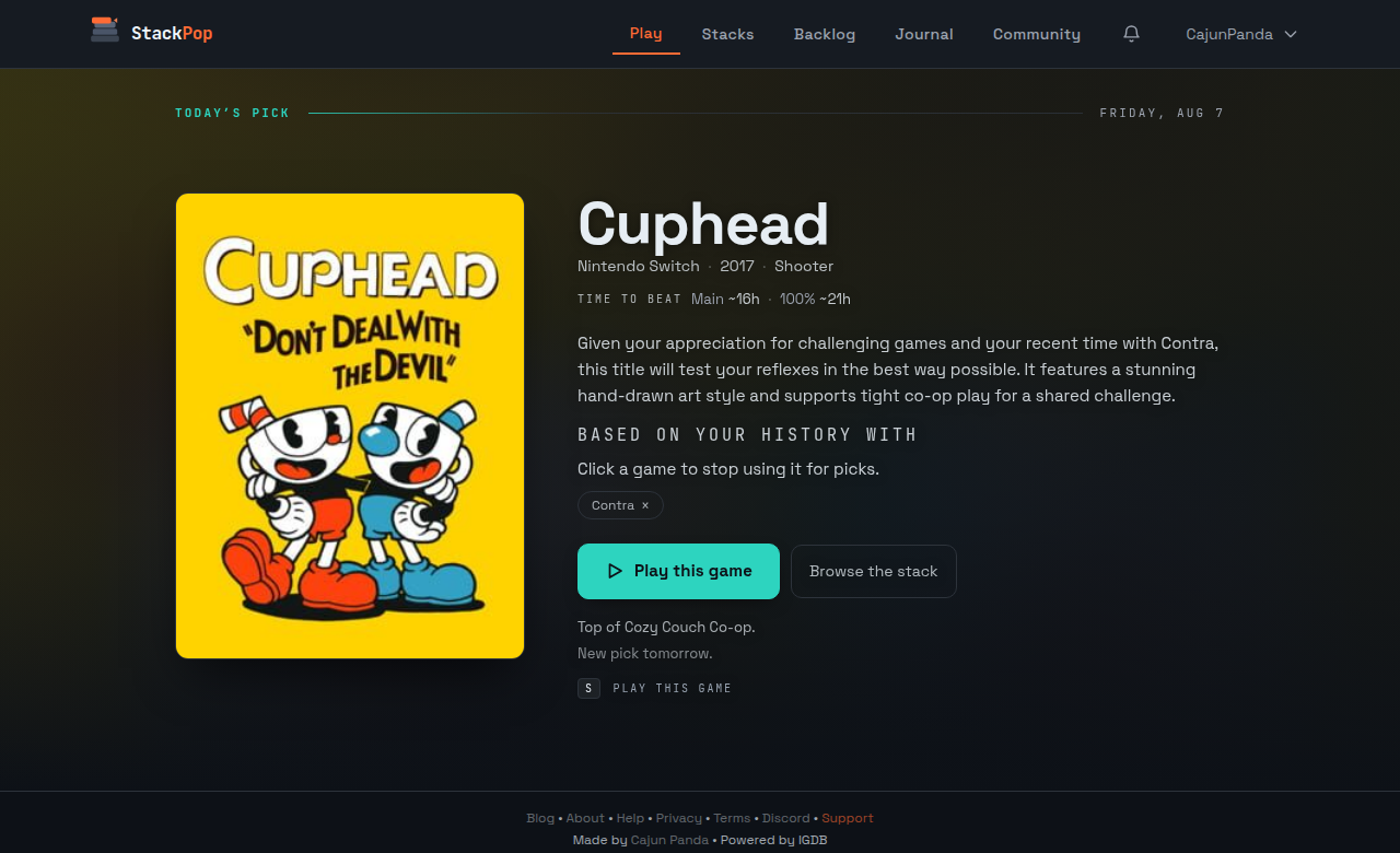 Today's pick on the StackPop play page, showing one game with the reason it was picked